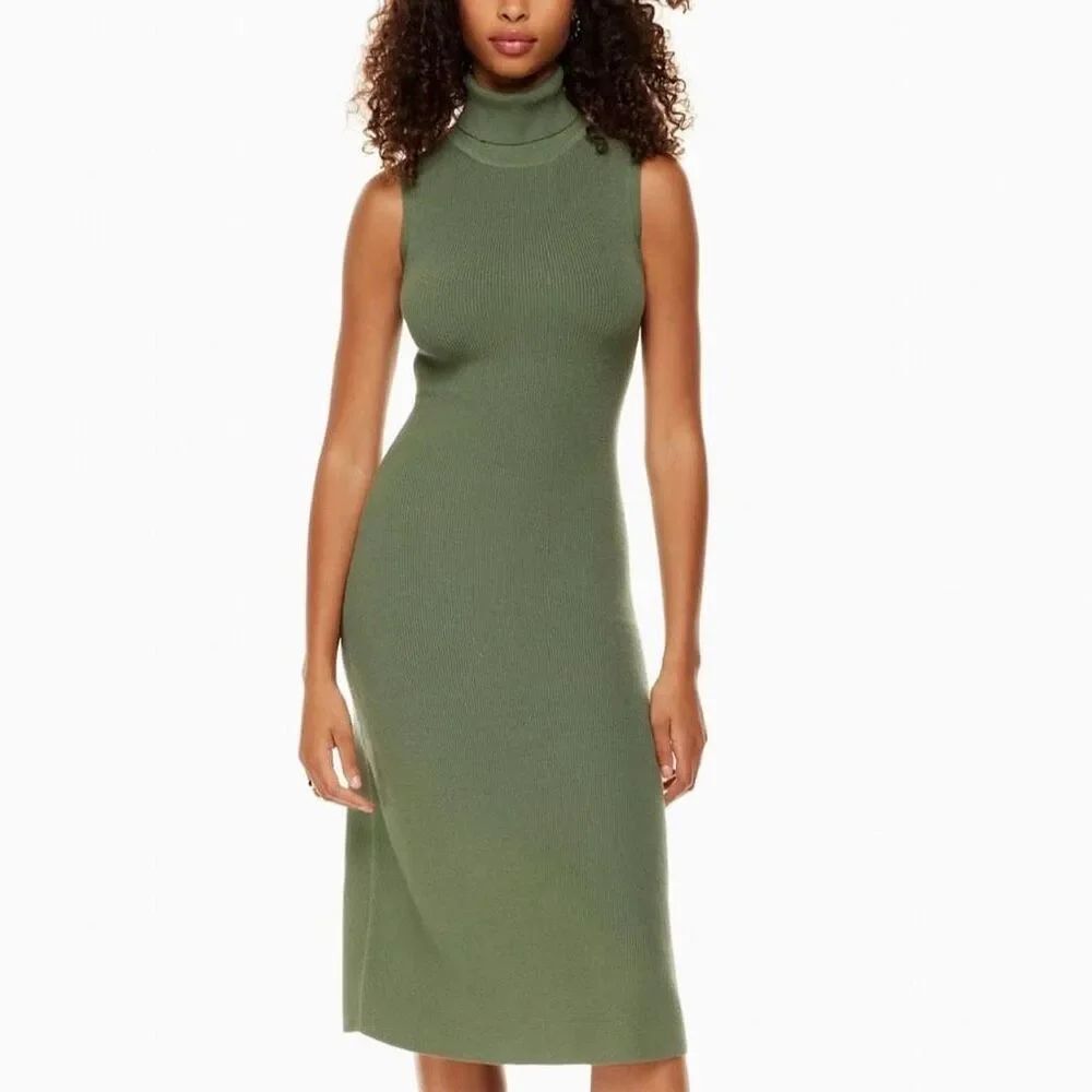 ✨Aritzia Wilfred Olive Green Sleeveless Ribbed Turtleneck Midi Sz XS Dress✨